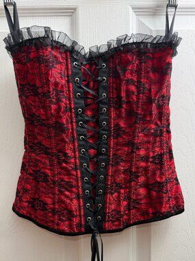 Gothic Red Zip Up Corset with Black Lace